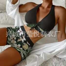 新款欧美印花高腰v领显瘦性感比基尼沙滩温泉泳衣