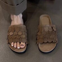 葡萄皮百搭老钱风复古软皮厚底沙滩鞋女流苏平底圆头露趾凉拖鞋女