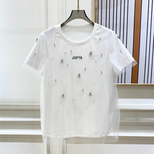 2024夏季新款女士白色网纱假两件圆领宽松减龄设计感T恤上衣女
