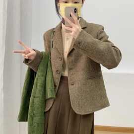 韩系复古棕色西装毛呢外套女2025秋冬季新款感小个子短款呢子大衣