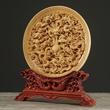 慧仙旺崖柏实木圆盘九龙戏珠家居摆件  鲤鱼跃龙门客厅装饰红木工