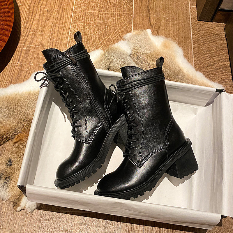 2024 New ANN chunky heel high heel British style leather Martin boots black lace-up round toe mid-calf all-match ankle boots.