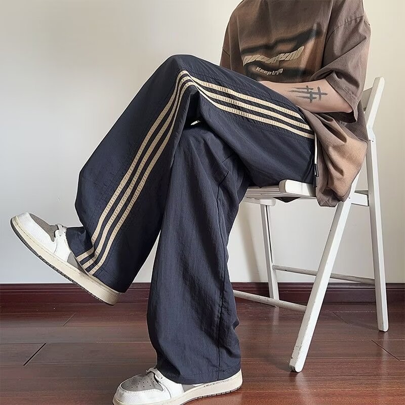 Summer American Sports Pants Loose Thin Three Bar New Quick-drying Ice Silk Pants Men's Wide Leg Casual Trousers