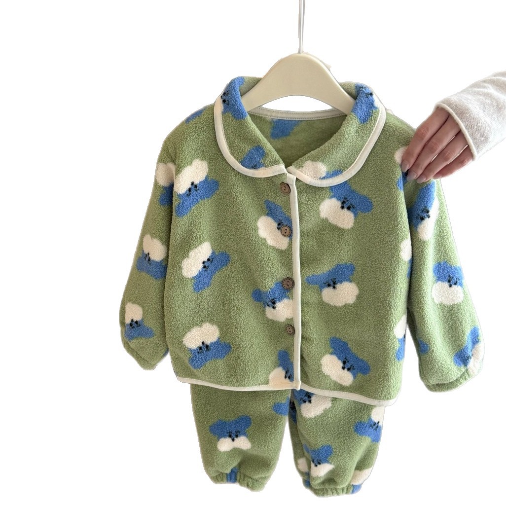 Pijamas para niños engrosados ropa de hogar Cardigan juego de niños y niñas otoño invierno pelusa con collar de peluche caliente dos conjuntos