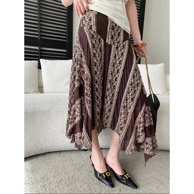 司南 早春新款 不规则蕾丝拼接设计感高腰显瘦A字半身裙 SN8589