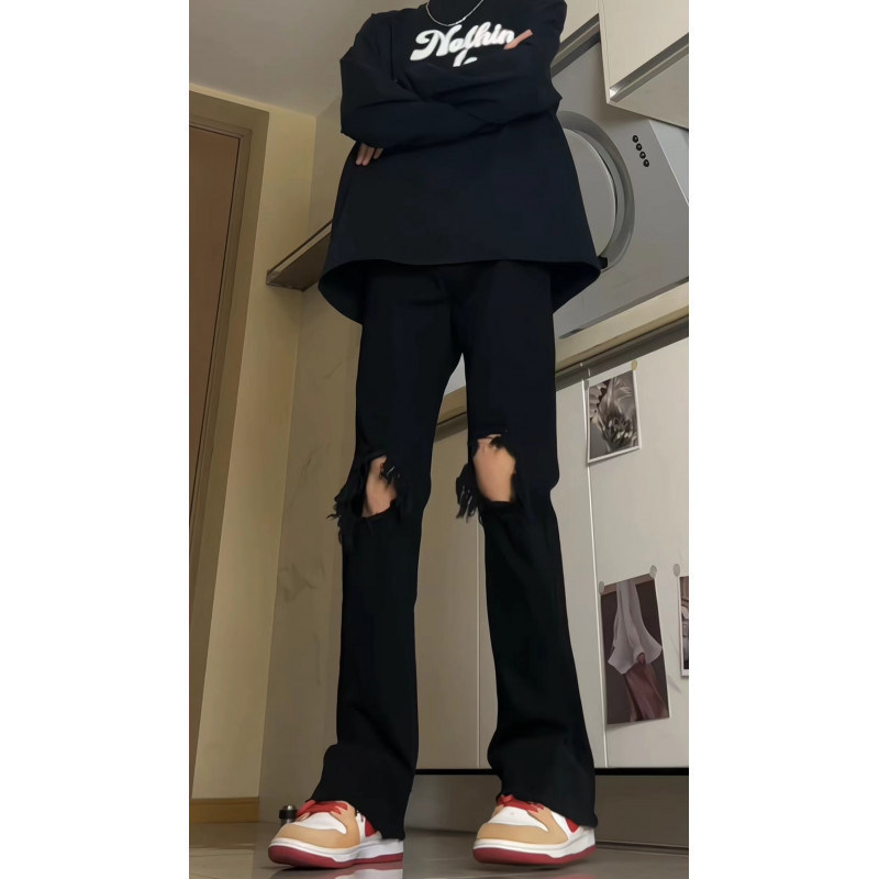 Pure Black Ripped Jeans Men's Slim Straight-leg Jiang Zhejiang and Shanghai Tall Long Pants High Street American Straight Pants Pure Black Ripped Jeans Men's Slim Straight-leg Jiang Zhejiang and Shanghai Tall Long Pants High Street American Straight Pants