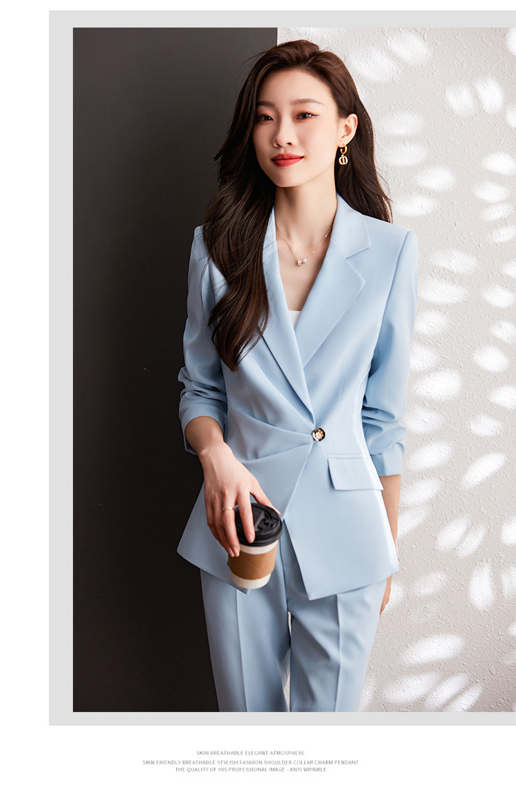 Women's Blue Slim Fit Professional Suit Set - Elegant Blazer & Pants For Office & Formal Occasions_voghion.com