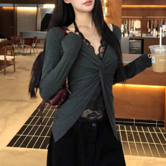 设计感长袖打底衫女 2025新款初秋韩系穿搭蕾丝t恤假两件辣妹上衣