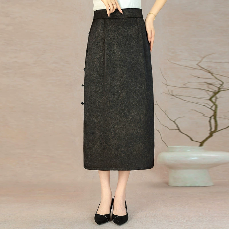 Новая одноступенчатая юбка в китайском стиле с пряжкой в ​​стиле ретро для мам, летняя новая модная юбка средней длины с высокой талией и разрезом для среднего и пожилого возраста
