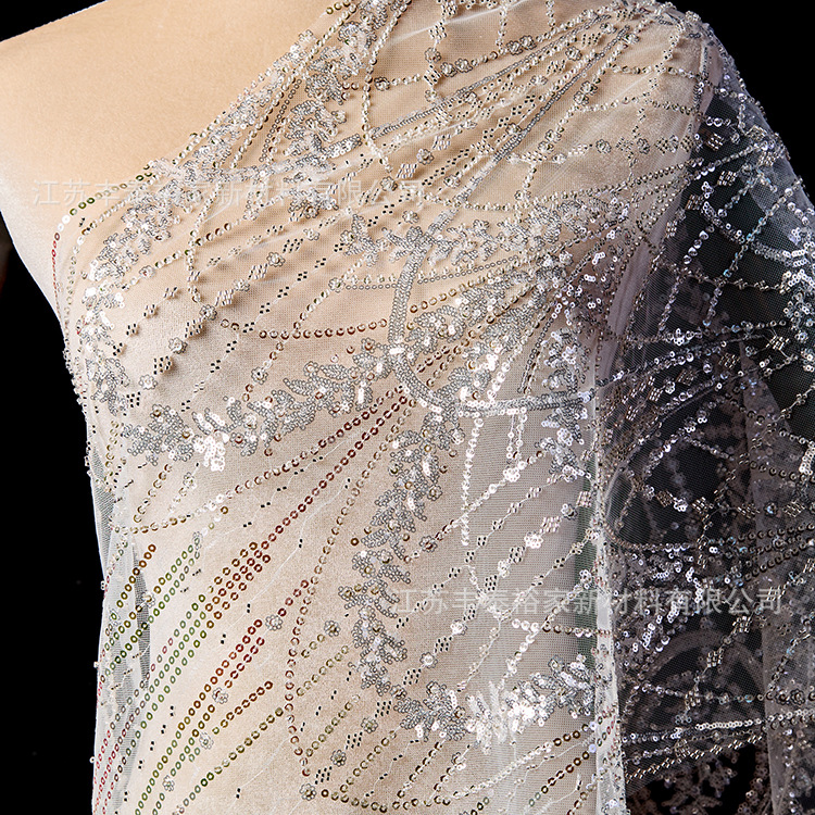 tela de malla blanca flor sequineta cuentas de clavos tela de moda de alta gama vestido de boda