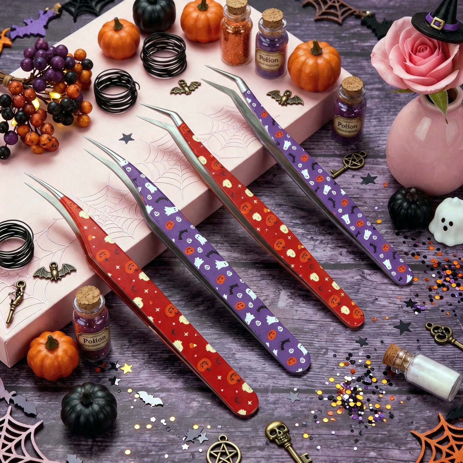 Cross-border Halloween Ghost Pumpkin Funny Tweezers False Eyelashes Gold Feather Clip Tweezers Bead Arrangement Tools
