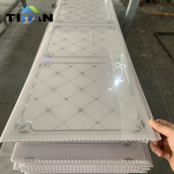 Suministro de comercio exterior Venta directa de fábrica de refuerzo de PVC 25*0.8 Impresión de película de transferencia Tablero de pared integrado Techo largo