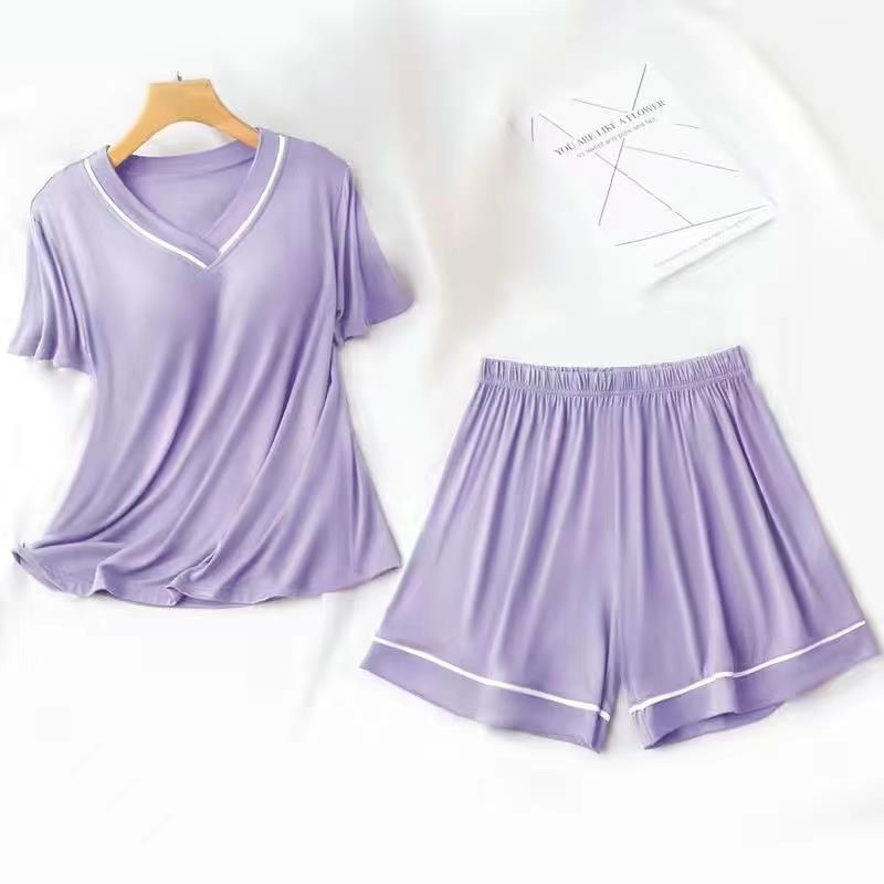 Pijamas de verano Pantalones cortos de manga corta para mujer con almohadilla en el pecho color sólido Delgado dulce suelto desgaste exterior simple traje de desgaste para el hogar