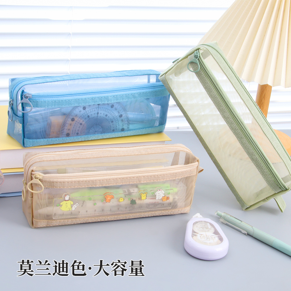 Nueva bolsa de lápiz de doble capa de malla de nylon bolsas de papelería especiales para exámenes de estudiantes bolsas de lápiz transparentes portátiles al por mayor