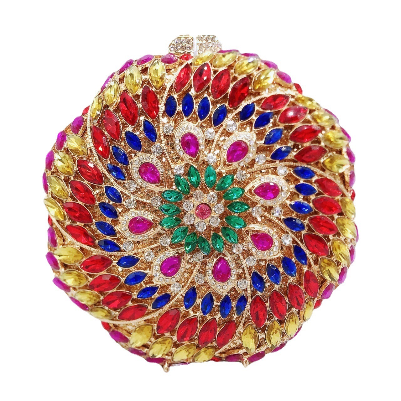 Banquete estilo europeo y americano bolsas de diamantes de diamante pequeñas botones magnéticas rojas redondas flores bolsas de cena de oro redondas