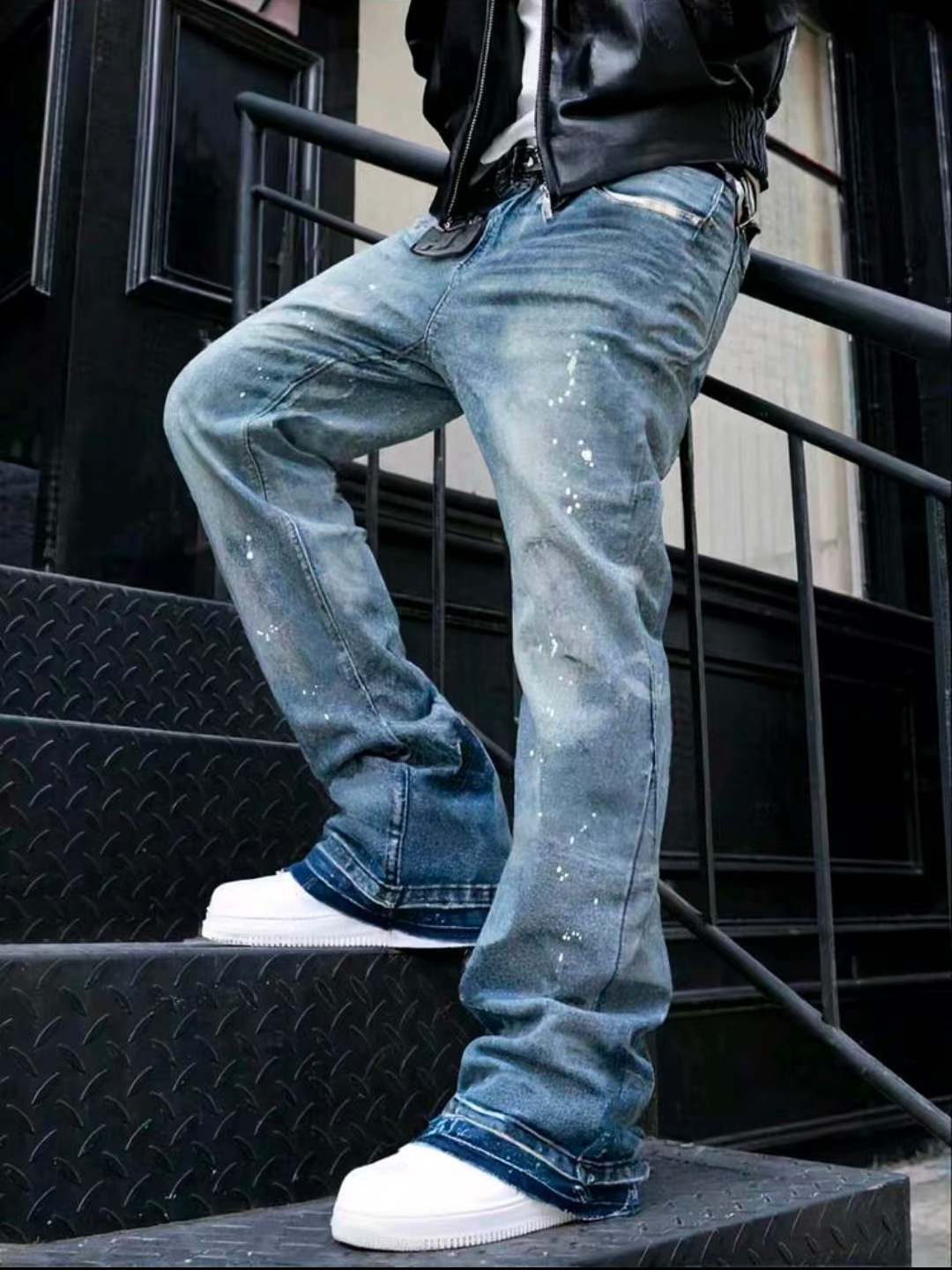 Men's Retro Washed Grey Distressed Splatter Paint Wide Leg Jeans_voghion.com