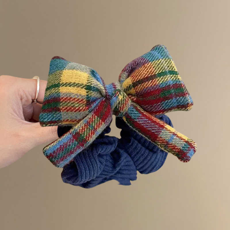 Retro Rainbow Plaid Scrunchie With Bow, Elegant Hair Accessory_voghion.com