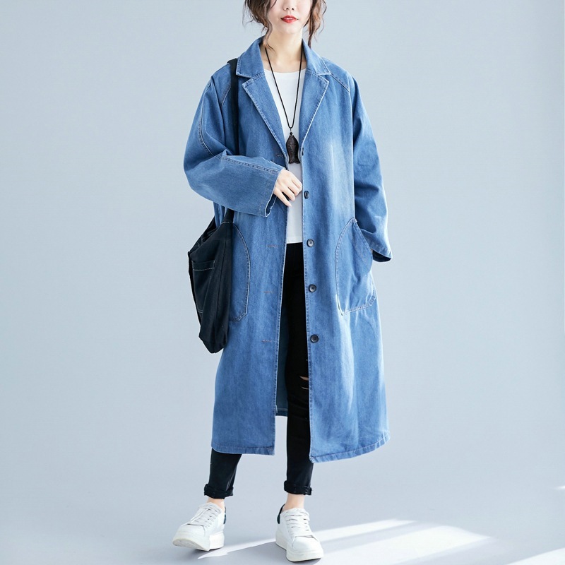 韩版大口袋牛仔衣外套女衬衫领长款风衣外套|undefined