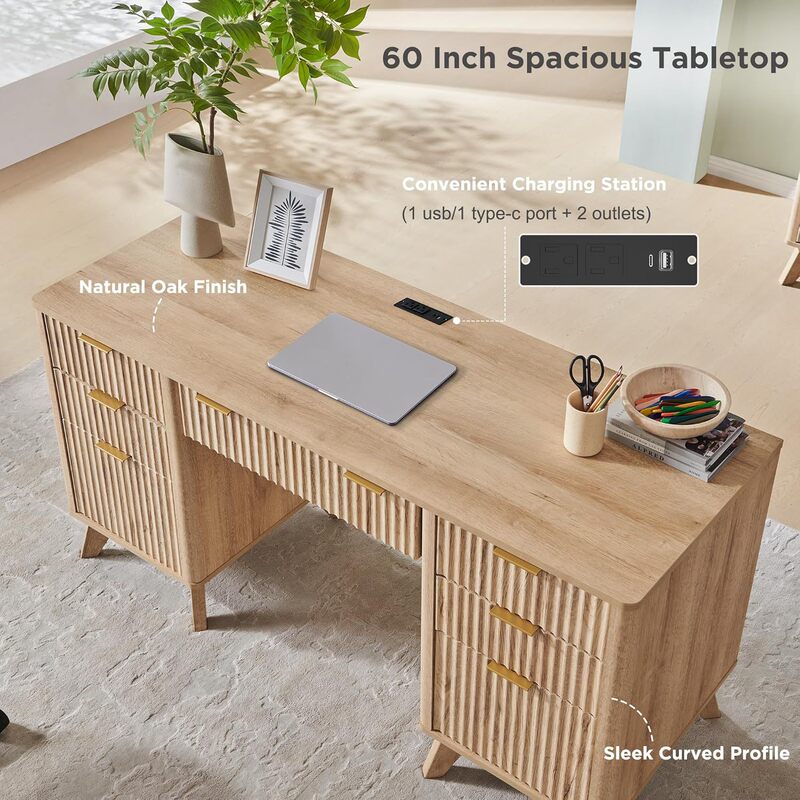 Ripple Pattern Executive Desk with Drawers Modern Home Office Computer Desk with Charging Station Keyboard Tray File Drawer