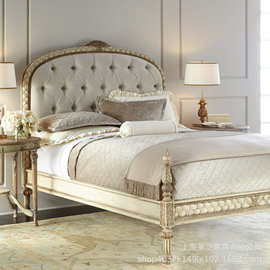 美式床实木雕花做旧双人床法式别墅布艺拉扣卧室1.8米婚床公主床