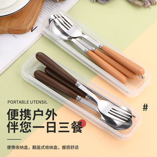 Japanese-Style Imitation Wood Color Tableware Stainless Steel Spoon, Fork, and Chopsticks Three-Piece Set for Students, Outdoor Travel, Foldable, Cross-Border Hot Seller