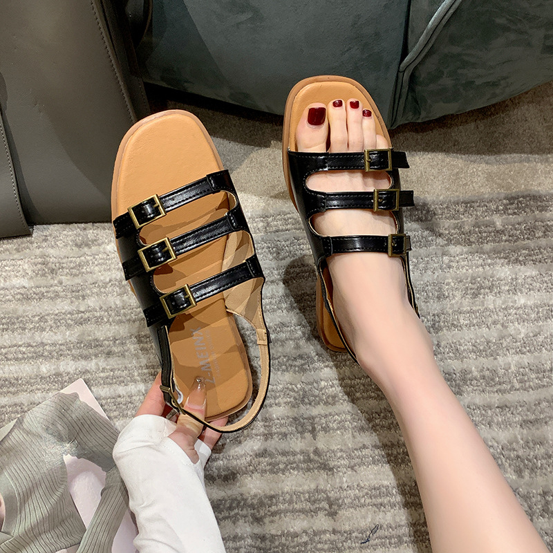 2024 sommer Neue frauen Casual Quadratischen Kopf Römische Schuhe mit Flachem Boden Sandalen_voghion.com