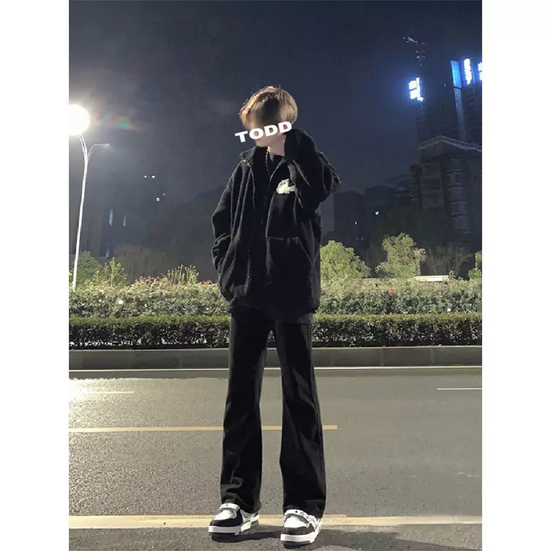 黑色直筒高街vibe牛仔裤男美式修身显瘦2024新款穿搭潮流微喇长裤