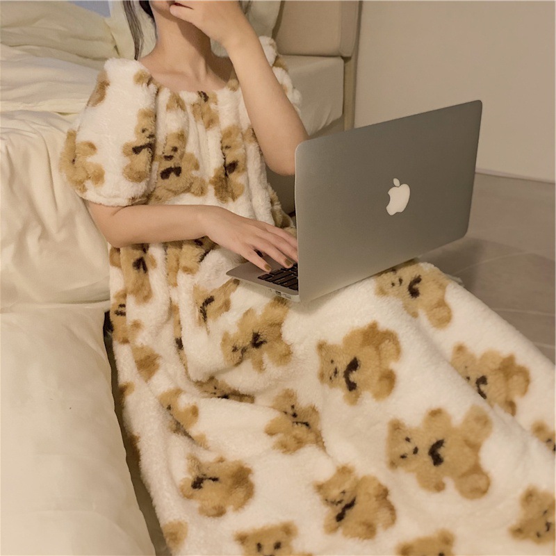 2023 韩国冬季女新款ins可爱小熊加厚保暖毛绒绒睡裙家居服风