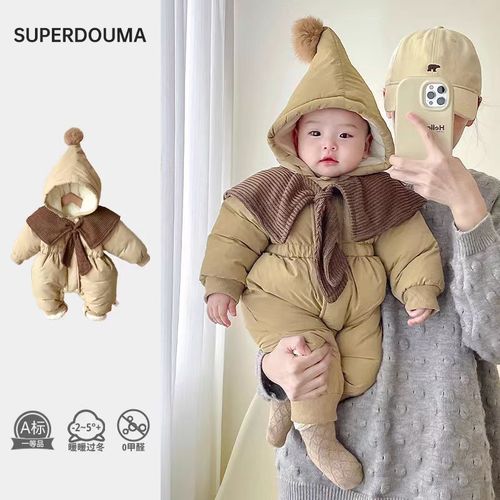 Baby Winter Onesie with Cute Hood, Fleece-lined Climbing Suit for Girls, Warm and Stylish Cotton Pajamas, Super Fluffy and Thick