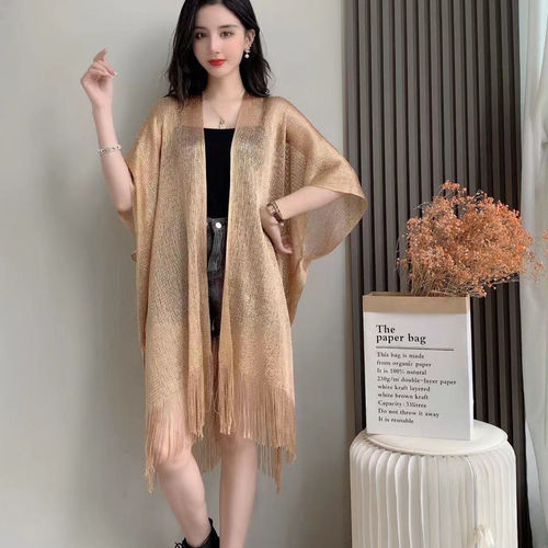 European and American style cross-border gold silk slit shawl women's thin evening dress with decorative tassels hollow sunscreen silk scarf