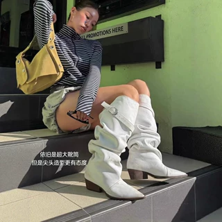 定制粗跟堆堆长筒骑士靴女尖头白色褶皱大筒围长靴显瘦百搭骑士靴