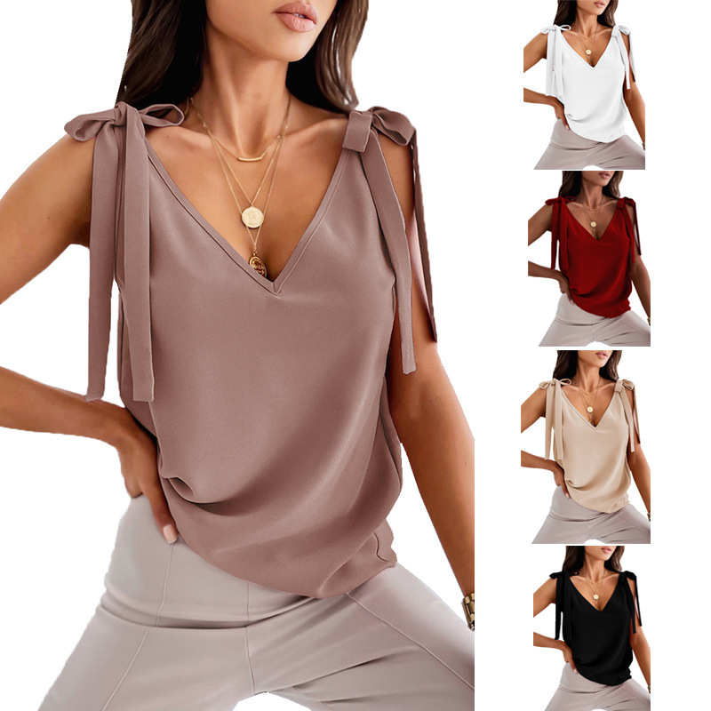 2023 Amazon shoulder lace-up bow camisole Women's European and American summer retro sweet V-neck top 2023 Amazon shoulder lace-up bow camisole Women's European and American summer retro sweet V-neck top