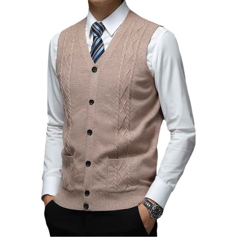 Cuello en V de un solo pecho de lana de color sólido casual Fit en stock suéter gris sin capucha cardigan chaleco de lana