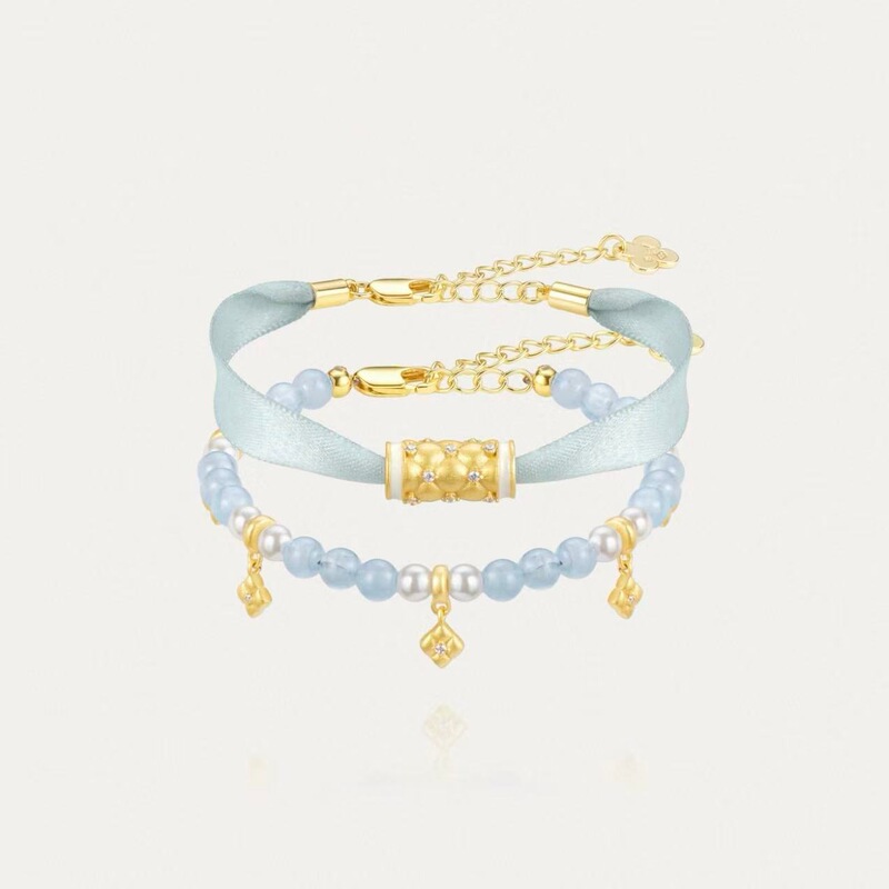 [New Product] Santorini Blue Wave Bracelet Set Ribbon Bracelet Women's Gold Beaded Gemstone Bracelet
