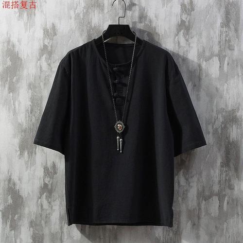 Summer Cotton Linen Short-Sleeve T-Shirt for Men Loose Fat and Large Chinese Style Retro Traditional Chinese Buttoned Collar Tangzhuang Half-Sleeve Top