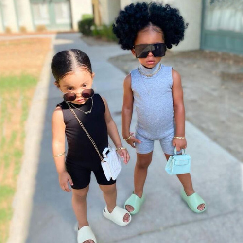 European and American style 2024 summer new girls pullover jumpsuit cotton solid color pit strip children's sleeveless jumpsuit