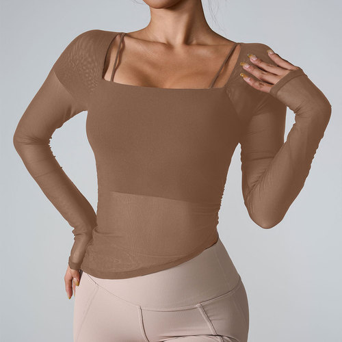 ins2024 European and American Cross-Border New Long-Sleeved Yoga Wear—Cloud-Feel Mesh Fixed-Cup Sports Long-Sleeved Yoga Wear for Women