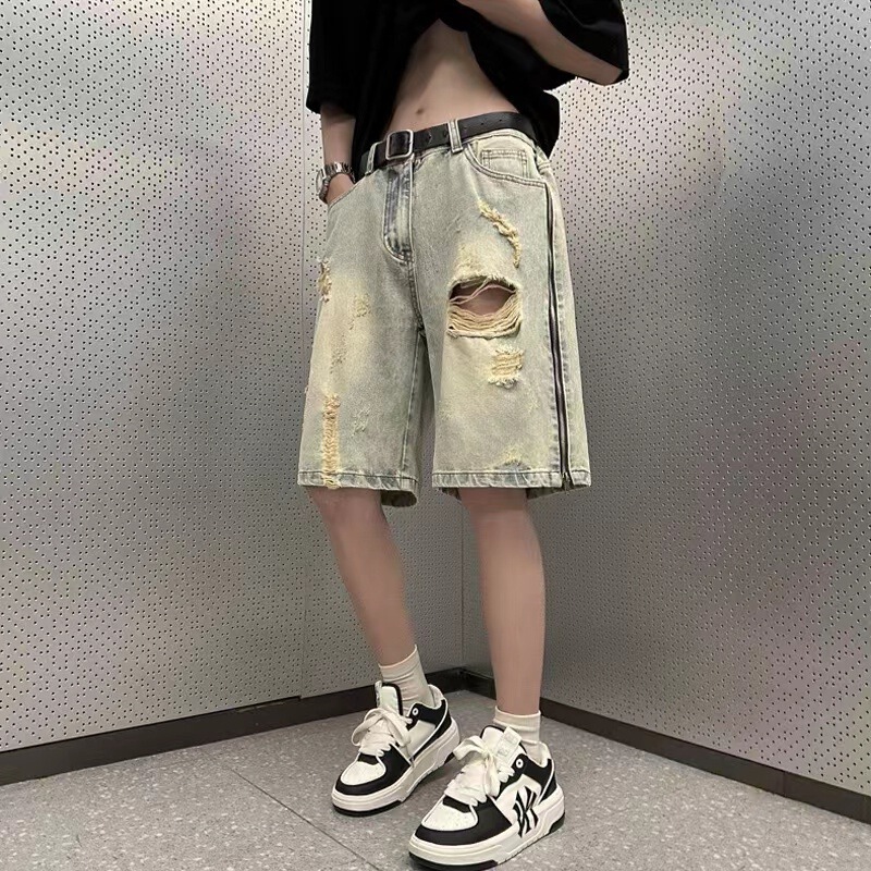 Internet celebrity yellow mud dyed ripped Denim shorts men's side zipper summer high street retro sports casual cropped pants