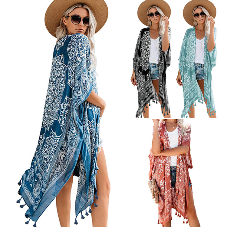2021 Cross-border European And American Seaside Holiday Printing Fringed Blouse Casual Mid-length Loose Beach Cardigan Jacket Women