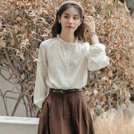 立领木耳衬衫女早秋盐系穿搭2025年新款内搭打底衫法式长袖上衣