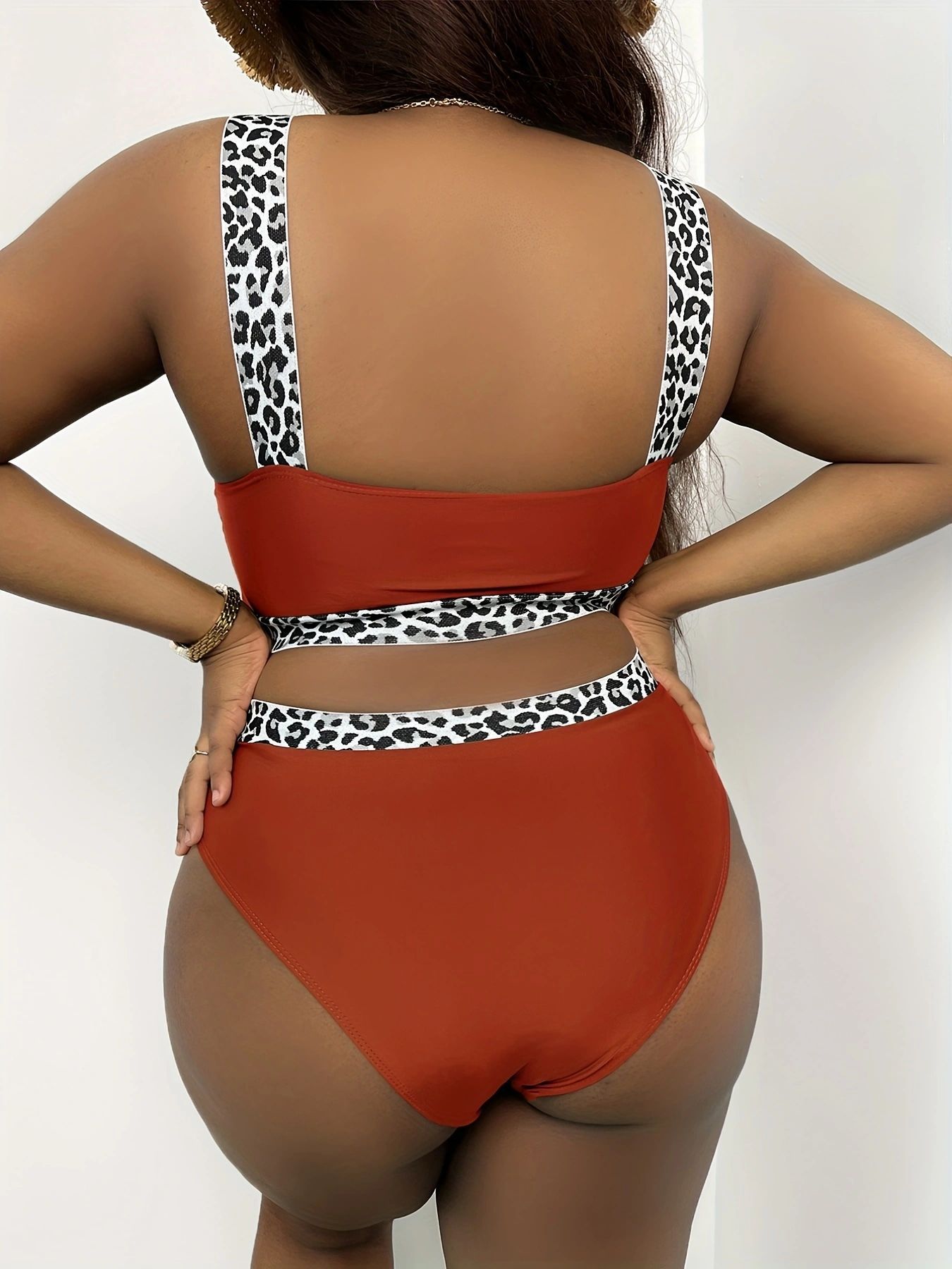 New European American Style Plus-Size Tank Top Bikini With Solid Color And Leopard Print, High-Waisted, Popular On_ecoleips.com