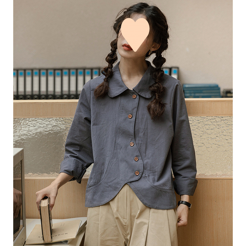 日系磨毛宽松显瘦设计感衬衫上衣女2025早秋款领长袖开衫衬衣|undefined