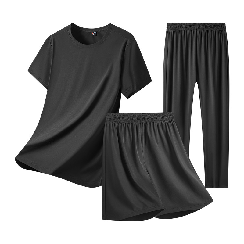 Detention Center Summer Ice Silk Loose Men's Three-Piece Sports Suit Large Size Fashionable Casual Round Neck Short-Sleeved Thin Style