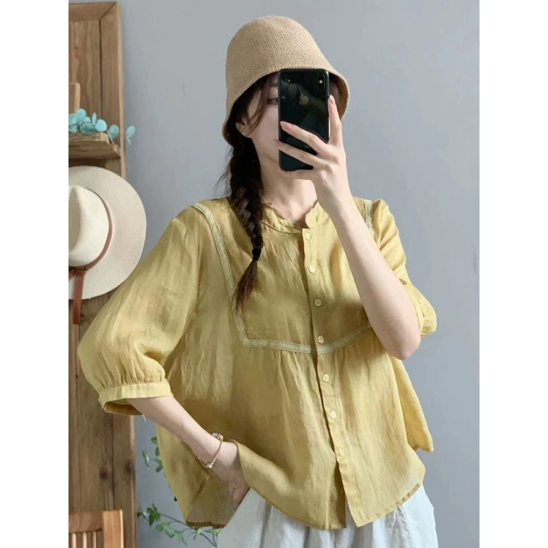 Ретро рубашка с воротником-стойкой из кружева рами для женщин, лето 2025, тонкая рубашка, повседневная свободная кардиган с рукавом три четверти