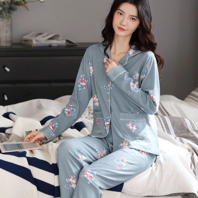 Primavera y otoño de algodón pijamas de mujer de mediana edad mamá manga larga más tamaño cardigan traje de mediana edad y ancianos casa