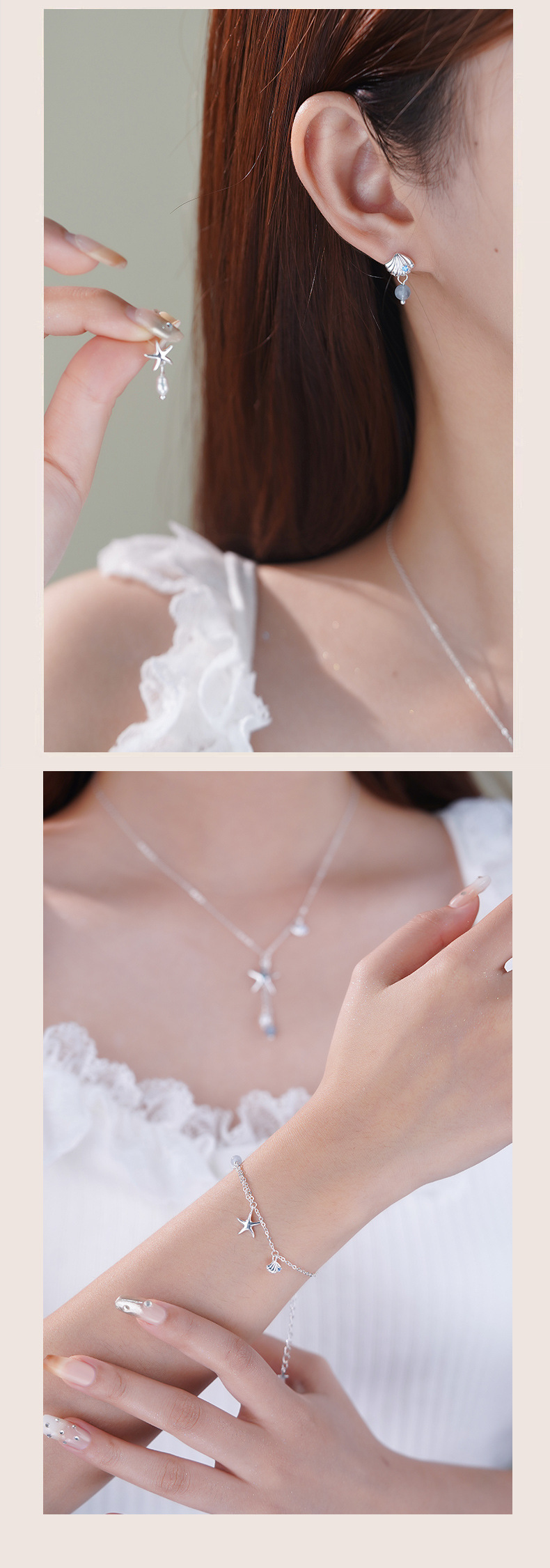 Daily Occasion 925 Sterling Silver Material Scallop, Starfish Pattern All Seasons Season Original Ganjia S925 Sterling Silver Starfish Aquamarine Pearl Necklace Autumn Sweet Fresh Shell XINGX Suit