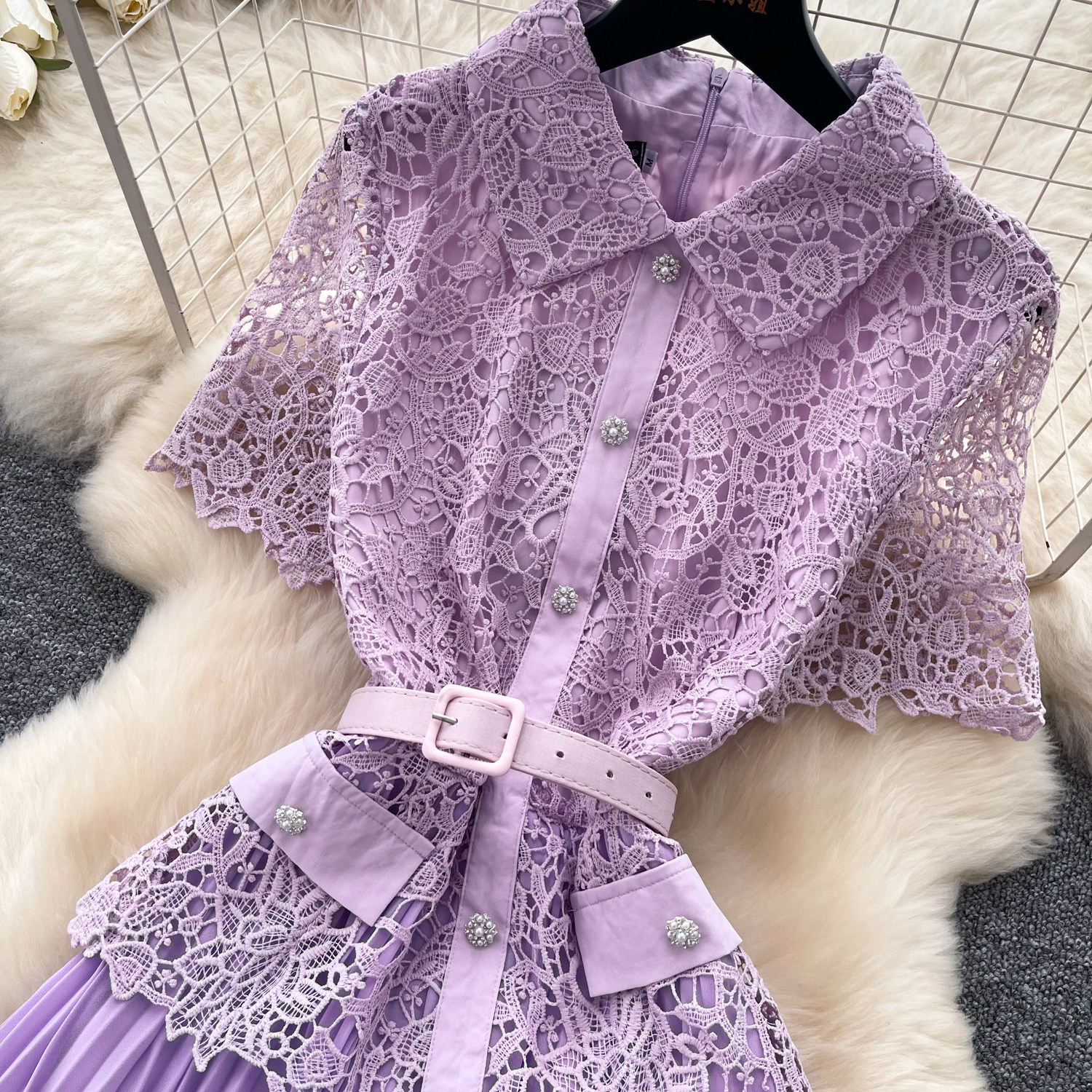 Elegant A-Line Dress Lace Trim Slimming Pleated Long Skirt Casual Professional Summer Dress For Women_ecoleips.com