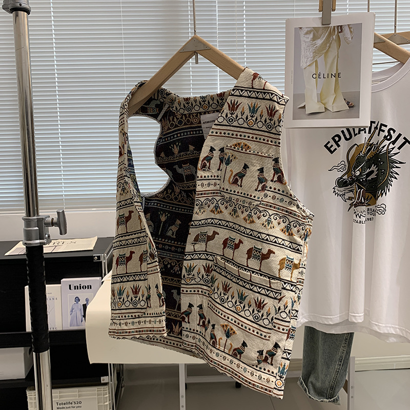 Nuevo cross-border jacquard de doble cara pesado estilo nacional retro V-collar chaleco casual japonés para hombres y mujeres chaqueta pequeña de marea