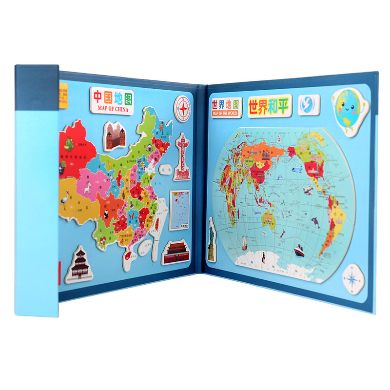 Madera Magnetic China Mapa del mundo Rompecabezas tridimensional Jardín de infantes Regalos para toda la clase Juguetes pequeños Regalos de recompensa