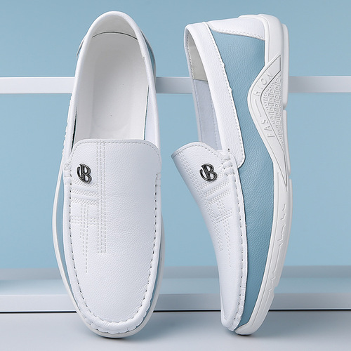 2025 Summer Leather Shoes Soft Leather Men's Shoes Soft Sole Men's Business Casual White Shoes British Fashion Slip-on Bean Shoes